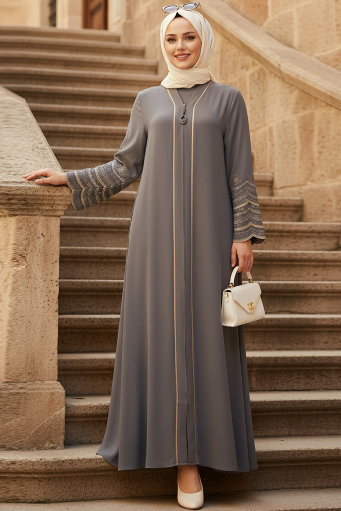 Nakış işlemeli Gri Tesettür Abaya 26103GR - N.S NEVA STYLE