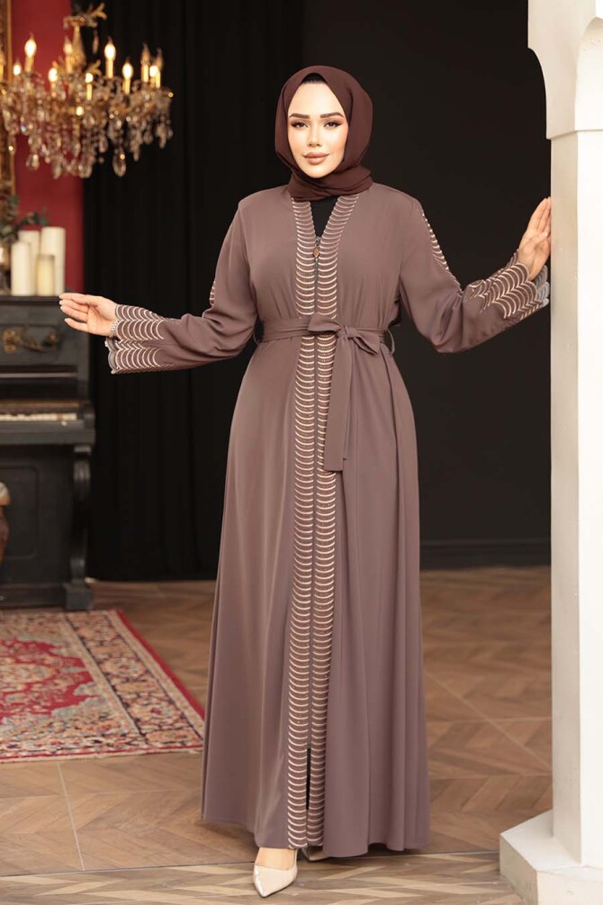 Nakış işlemeli Kahverengi Tesettür Abaya 29114KH - 1