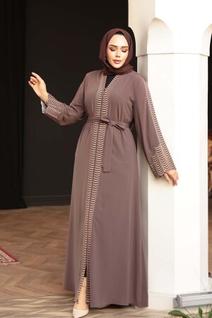 Nakış işlemeli Kahverengi Tesettür Abaya 29114KH - 2