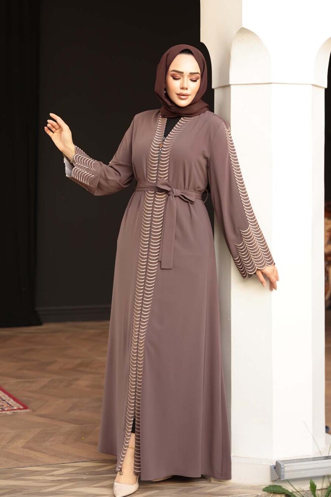 Nakış işlemeli Kahverengi Tesettür Abaya 29114KH - 2