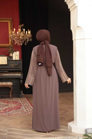 Nakış işlemeli Kahverengi Tesettür Abaya 29114KH - 3