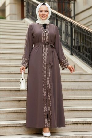 Nakış işlemeli Kahverengi Tesettür Abaya 29114KH 