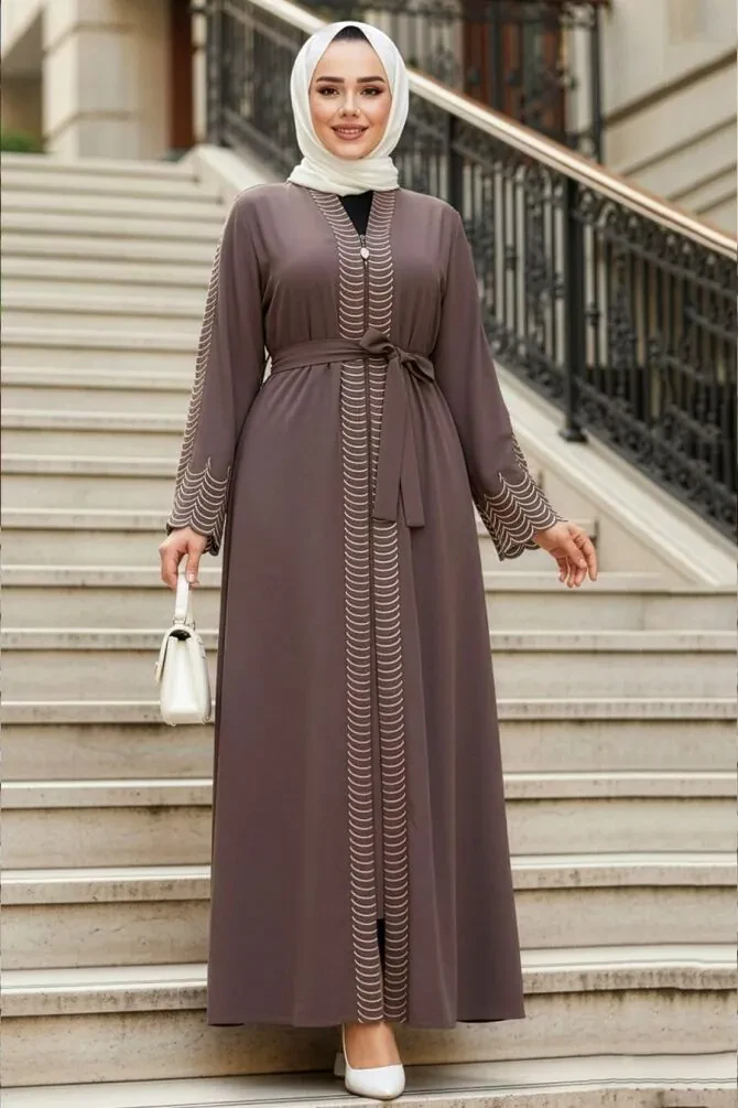 Nakış işlemeli Kahverengi Tesettür Abaya 29114KH - 1