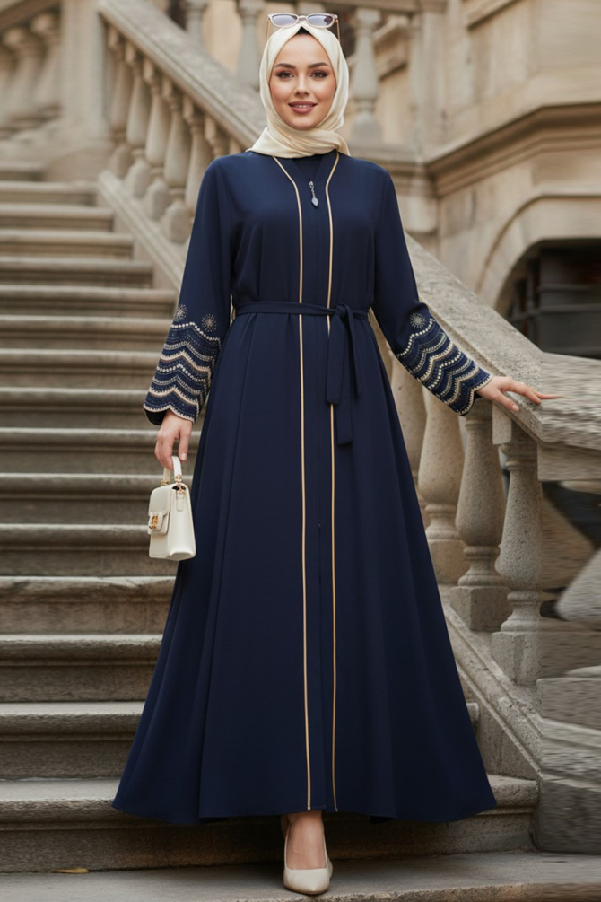 Nakış işlemeli Koyu Lacivert Tesettür Abaya 26103KL - N.S NEVA STYLE