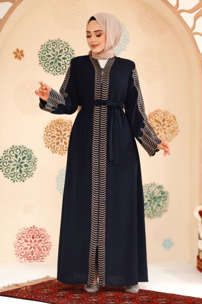 Nakış işlemeli Lacivert Tesettür Abaya 29114L - 1