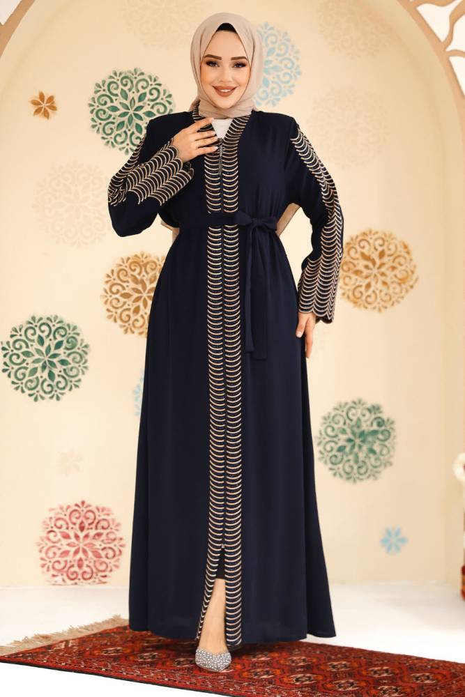 Nakış işlemeli Lacivert Tesettür Abaya 29114L - 2