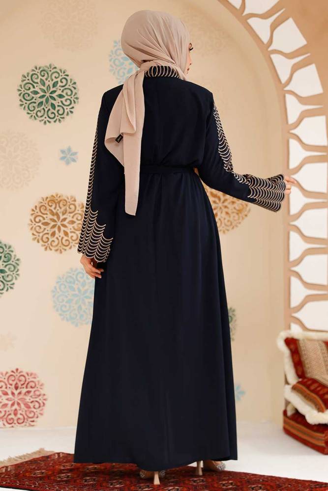 Nakış işlemeli Lacivert Tesettür Abaya 29114L - 3