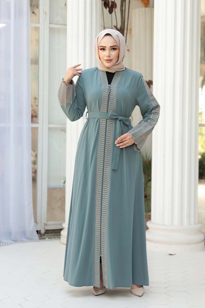 Nakış işlemeli Mint Tesettür Abaya 29114MINT - 2
