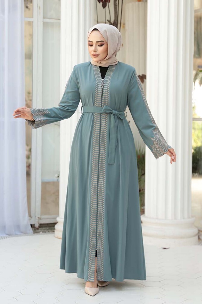 Nakış işlemeli Mint Tesettür Abaya 29114MINT - 3