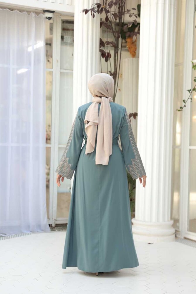 Nakış işlemeli Mint Tesettür Abaya 29114MINT - 4