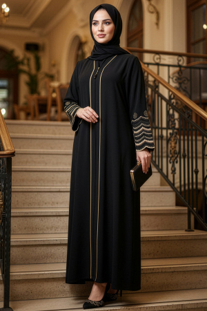 Nakış işlemeli Siyah Tesettür Abaya 26103S - 1
