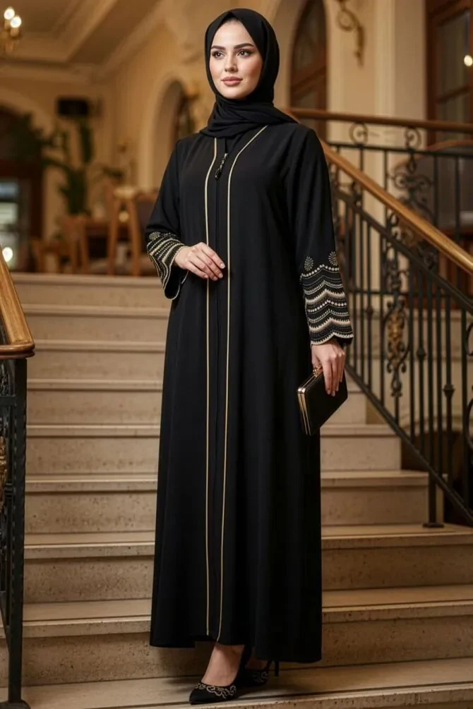 Nakış işlemeli Siyah Tesettür Abaya 26103S - 1
