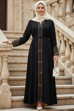 Nakış işlemeli Siyah Tesettür Abaya 26106S - N.S NEVA STYLE