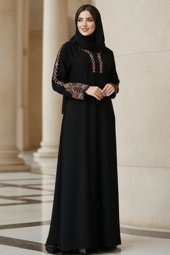 Nakış işlemeli Siyah Tesettür Abaya 26108S - N.S NEVA STYLE