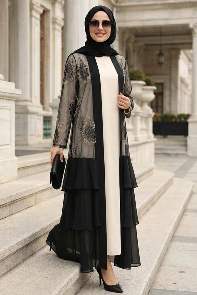 Nakışlı Güpür Siyah Fırfırlı Tesettür Abaya 63262S - 1