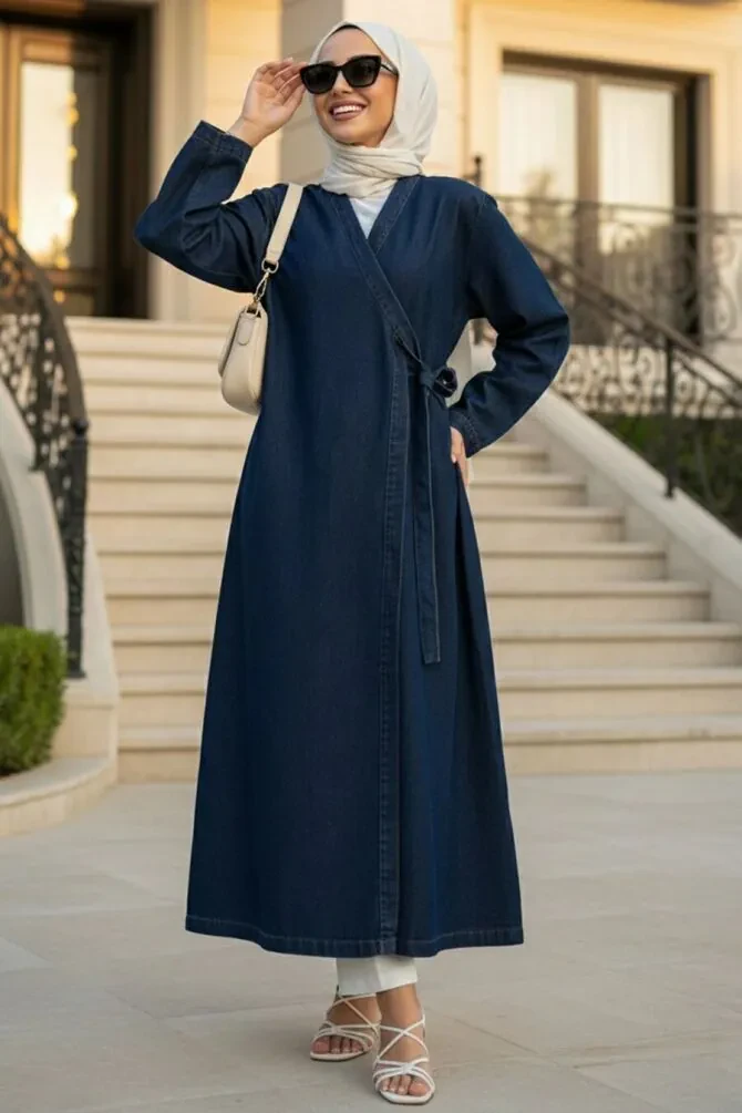 Navy Blue Denim Modest Dress 19055L - 1