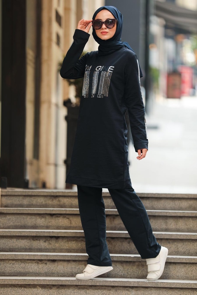 Navy Blue Hijab Casual Suit 8352L - 1