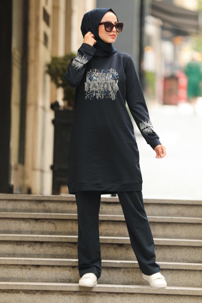 Navy Blue Hijab Casual Suit 91720L - 1