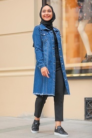 Navy Blue Hijab Denim Jacket 10646L - Thumbnail