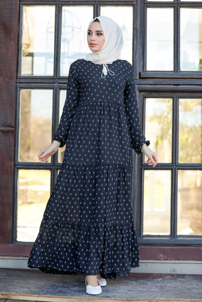 Navy Blue Hijab Dress 1627L - 1