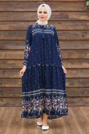 Navy Blue Hijab Dress 21752L - 1