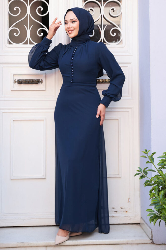 Navy Blue Hijab Dress 2703L - 1