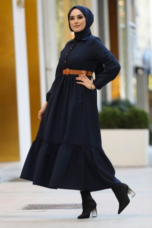 Navy Blue Hijab Dress 43290L - Thumbnail