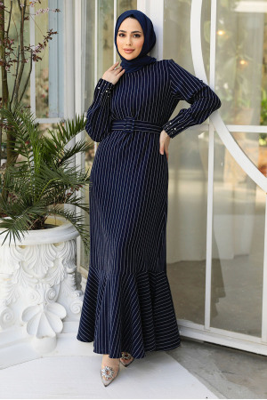 Navy Blue Hijab Dress 51911L - 2