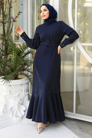 Navy Blue Hijab Dress 51911L - 3