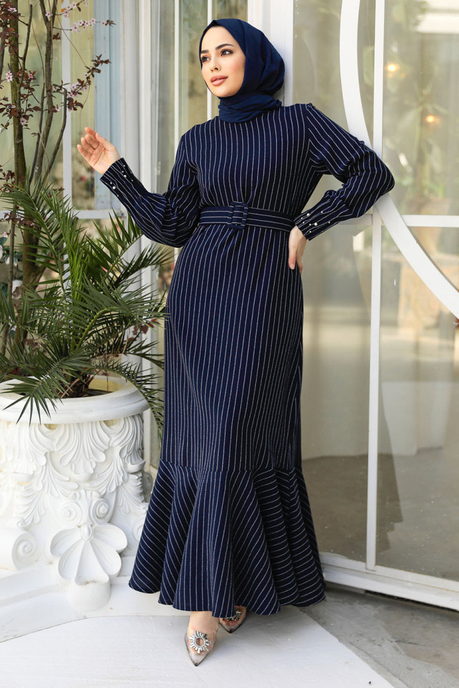 Navy Blue Hijab Dress 51911L - 3