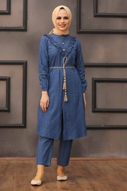 Navy Blue Hijab Dual Suit Dress 543L - Thumbnail