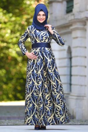 Neva Style - Long Navy Blue Islamic Long Sleeve Maxi Dress 2441L - 1