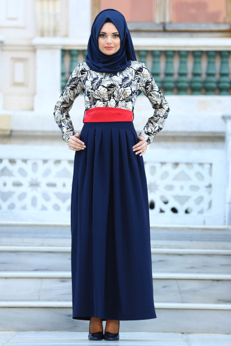 Navy Blue Hijab Evening Dress 20840L