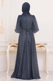 Navy Blue Hijab Evening Dress 21521L - Thumbnail