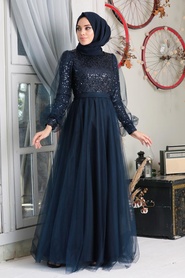 Navy Blue Hijab Evening Dress 21740L - Thumbnail