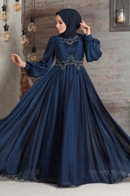Neva Style - Stylish Navy Blue Islamic Clothing Evening Dress 21890L - Thumbnail