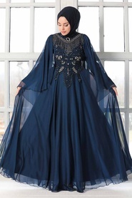 Navy Blue Hijab Evening Dress 21970L - Thumbnail