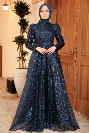 Neva Style - Luxorious Navy Blue Islamic Clothing Engagement Dress 22282L - 2
