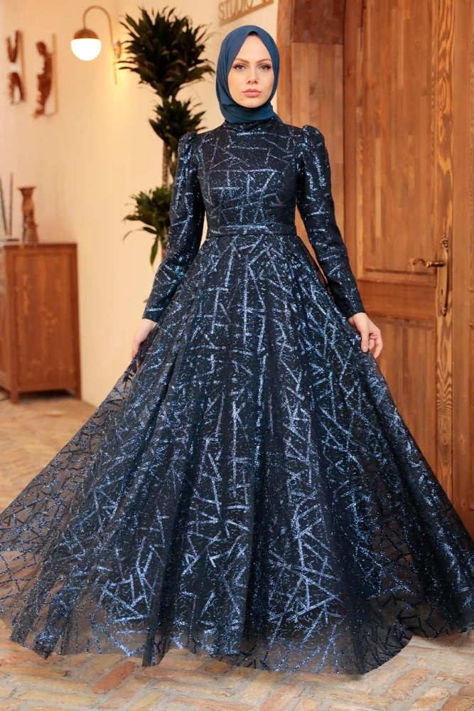 Neva Style - Luxorious Navy Blue Islamic Clothing Engagement Dress 22282L - 1