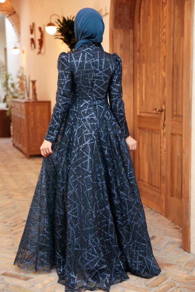 Neva Style - Luxorious Navy Blue Islamic Clothing Engagement Dress 22282L - 3