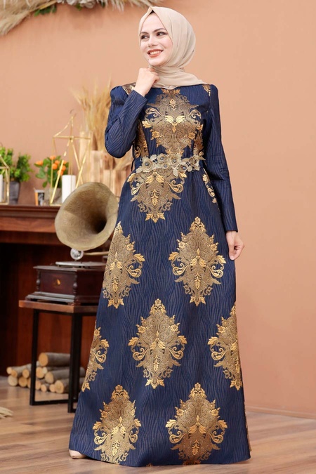 Navy Blue Hijab Evening Dress 2680L