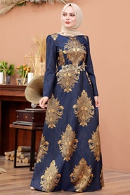 Navy Blue Hijab Evening Dress 2680L - Thumbnail