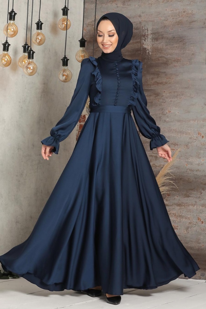 Navy Blue Hijab Evening Dress 2752L - 3