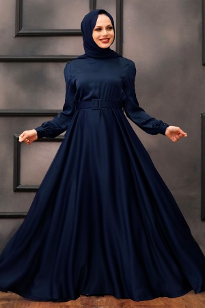 Neva Style - Satin Navy Blue Islamic Evening Gown 28890L - 1
