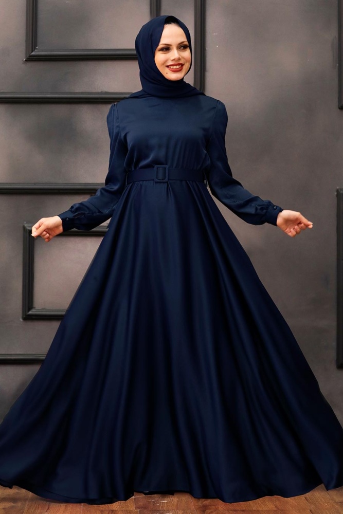 Neva Style - Satin Navy Blue Islamic Evening Gown 28890L - 1