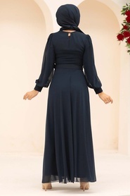 Neva Style - Navy Blue Turkish Hijab Engagement Dress 3060L - Thumbnail