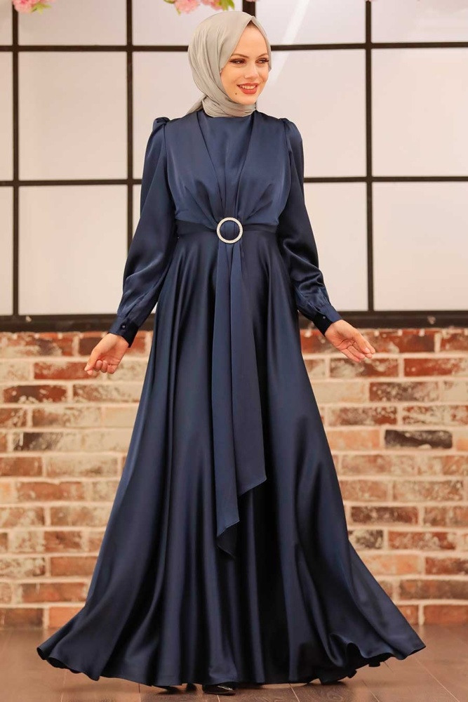 Neva Style - Long Sleeve Navy Blue Hijab Evening Dress 3145L - 2