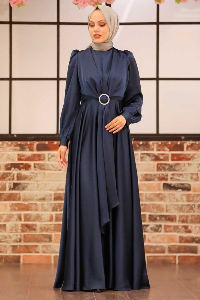 Neva Style - Long Sleeve Navy Blue Hijab Evening Dress 3145L - 3