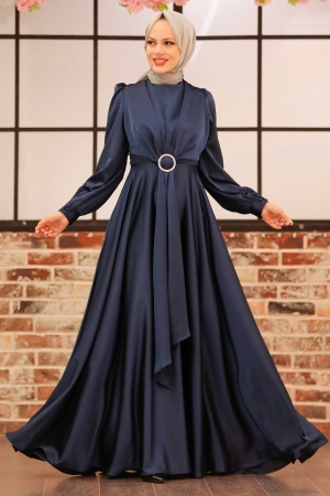 Neva Style - Long Sleeve Navy Blue Hijab Evening Dress 3145L - 1