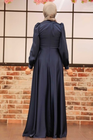 Neva Style - Long Sleeve Navy Blue Hijab Evening Dress 3145L - 4